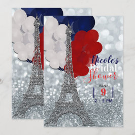 Silver Glitzer Eiffel Tower Red White Blue Party Einladung