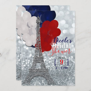 Silver Glitzer Eiffel Tower Red White Blue Party Einladung