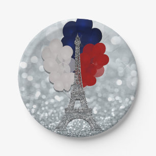 Silver Glitzer Eiffel Tower Red White Blue Party Pappteller