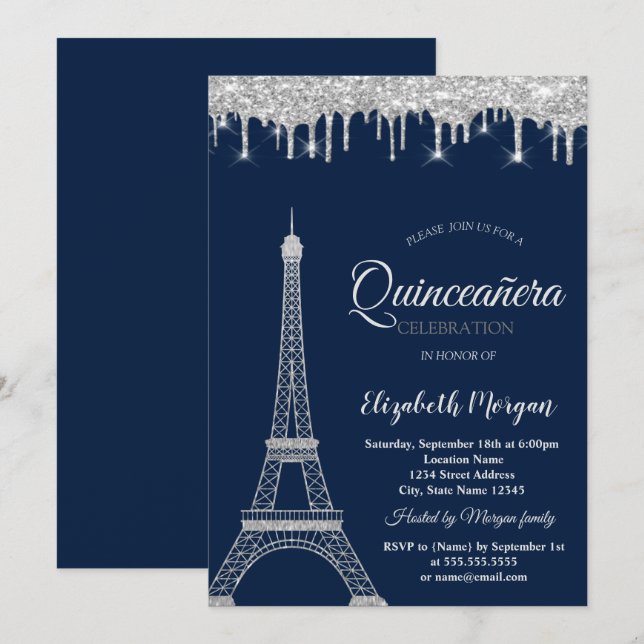 Silver Glitzer Eiffel Tower, Tropfens Quinceañera Einladung (Vorne/Hinten)