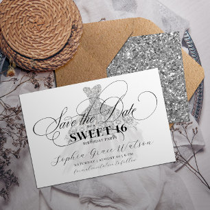 Silver Glitzer Elegantes Kleid Sweet 16 Geburtstag Save The Date