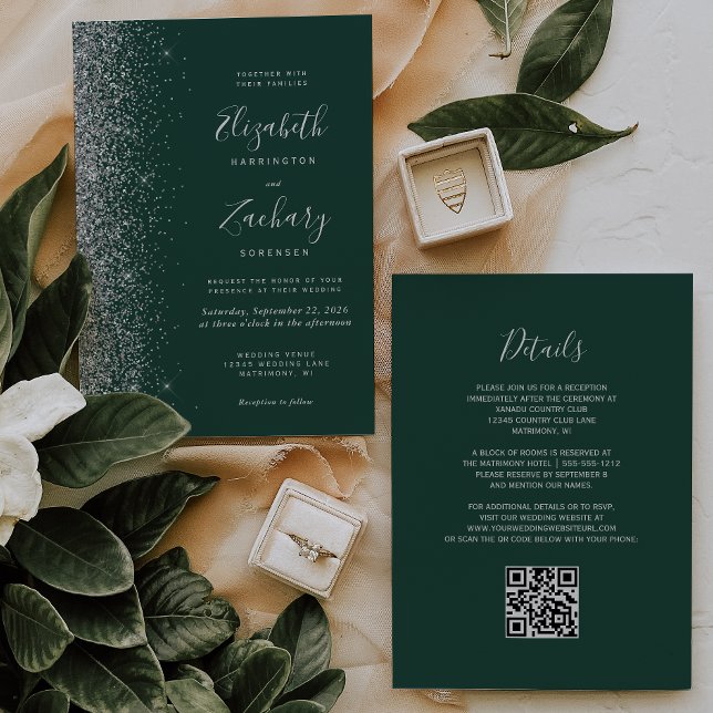 Silver Glitzer Emerald Green QR Code Wedding Einladung (Von Creator hochgeladen)