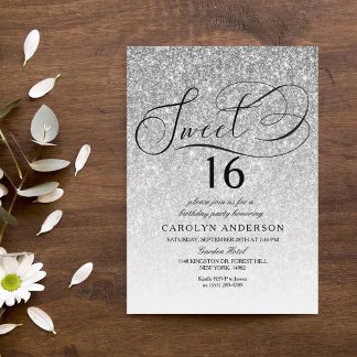 Silver Glitzer Extravagant Script Sweet 16 Geburts Einladung