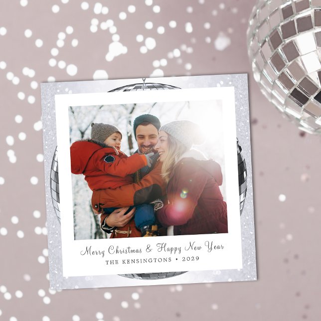 Silver Glitzer Festivals Winterfamilie Feiertagskarte (Shimmering Disco Ball Snowflake Family Christmas Holiday Card)