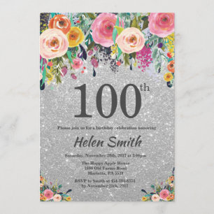 Silver Glitzer Floral 100. Geburtstag Einladung