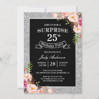 Silver Glitzer Floral 25. Überraschung Geburtstags Einladung