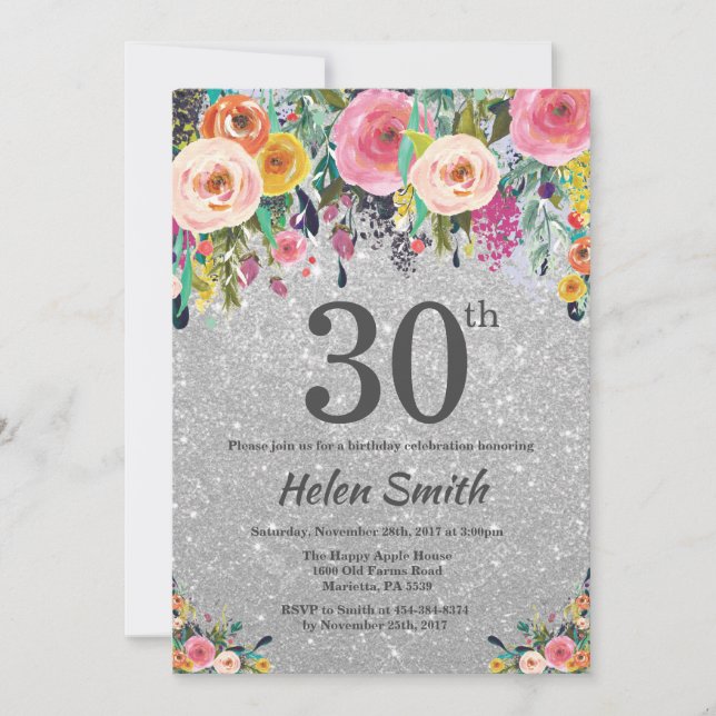Silver Glitzer Floral 30. Geburtstag Einladung (Vorderseite)