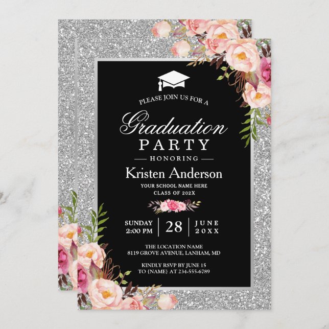 Silver Glitzer Floral Foto Graduation Party Einladung (Vorne/Hinten)