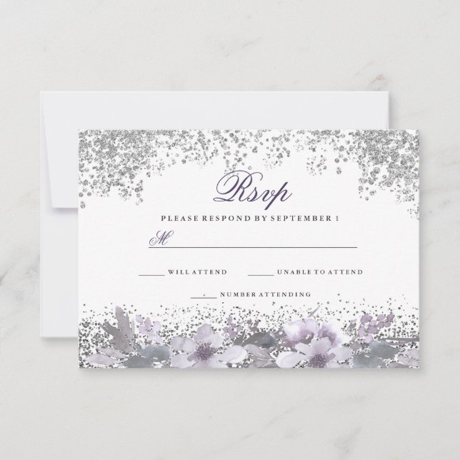 Silver Glitzer Floral Lila Wedding RSVP (Vorderseite)