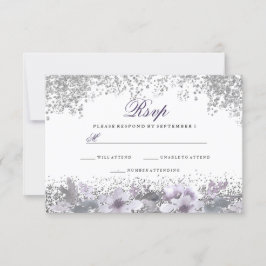 Silver Glitzer Floral Lila Wedding RSVP Karte