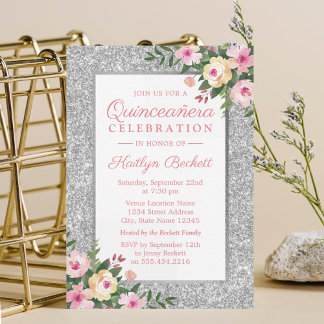 Silver Glitzer Floral Quinceañera 15. Geburtstag Einladung