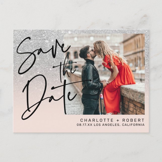 Silver Glitzer Foto Hochzeit speichern Sie das Dat Ankündigungspostkarte (Vorderseite)