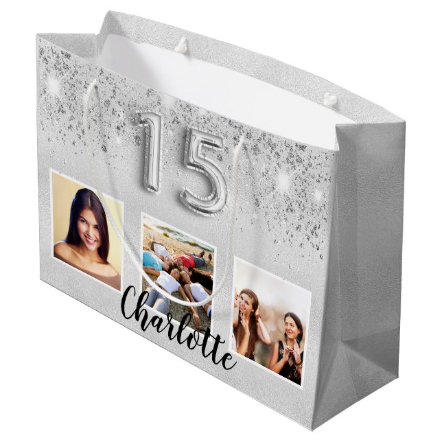 Silver Glitzer Foto Name Quinceanera Große Geschenktüte (Rückseite Schrägansicht)