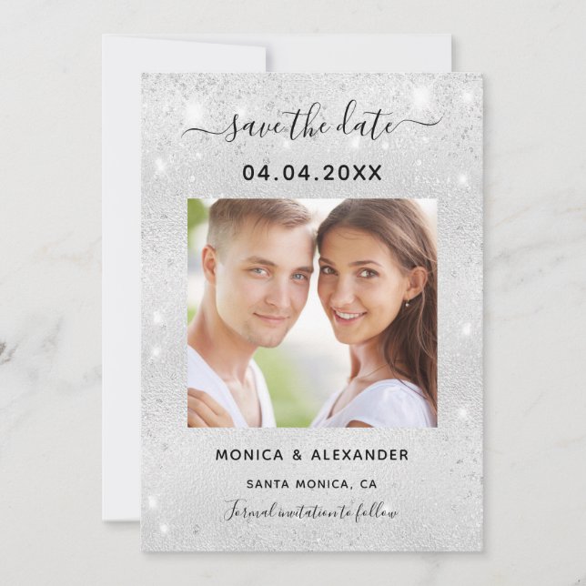 Silver Glitzer Foto qr Code Hochzeit Save The Date (Vorderseite)