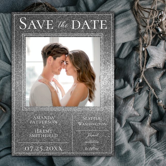 Silver Glitzer Foto Save the Date (Silver Glitter Photo Save The Date)