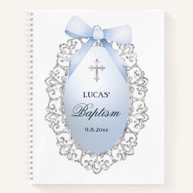 Silver Glitzer Frame Blue Bow Taufbuch Notizbuch (Vorderseite)