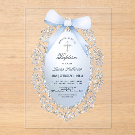 Silver Glitzer Frame Blue Bow Taufe Acryleinladungen
