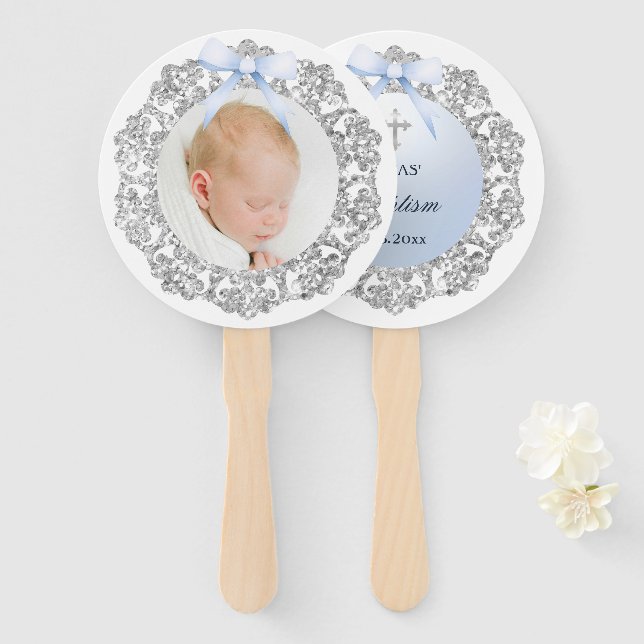Silver Glitzer Frame Blue Bow Taufe Fächer (Vorne und Hinten)