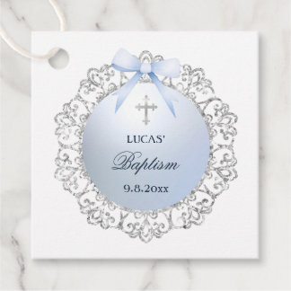 Silver Glitzer Frame Blue Bow Taufe Geschenkanhänger