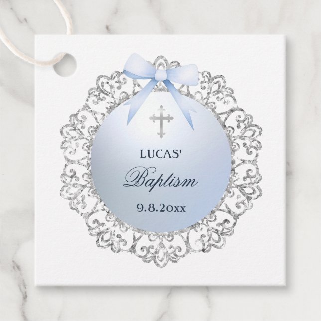 Silver Glitzer Frame Blue Bow Taufe Geschenkanhänger (Vorderseite)