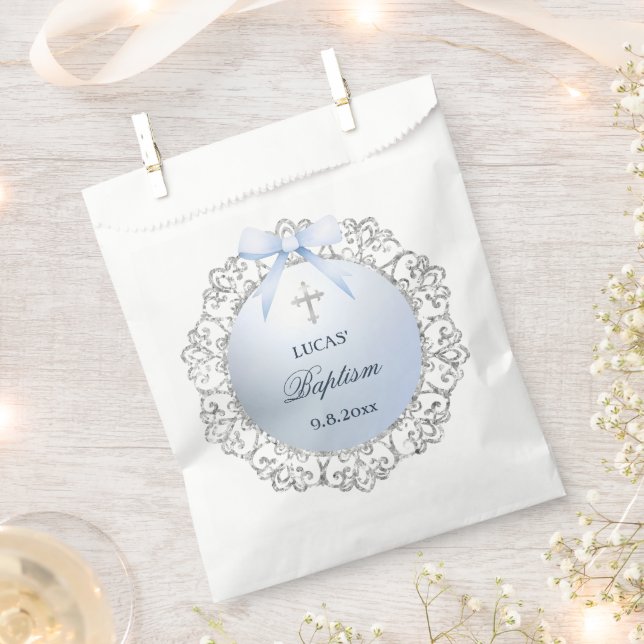 Silver Glitzer Frame Blue Bow Taufe Geschenktütchen (Ausgeschnitten)