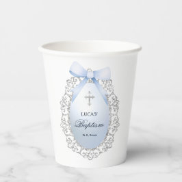 Silver Glitzer Frame Blue Bow Taufe Pappbecher