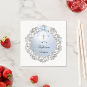 Silver Glitzer Frame Blue Bow Taufe Serviette