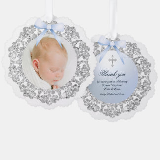 Silver Glitzer Frame Blue Bow Taufe Vielen Dank Ornament Karte