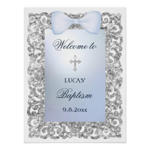 Silver Glitzer Frame Blue Bow Taufe Willkommen Poster