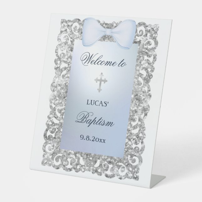 Silver Glitzer Frame Blue Bow Taufe Willkommen Sockelschild (Vorderseite)
