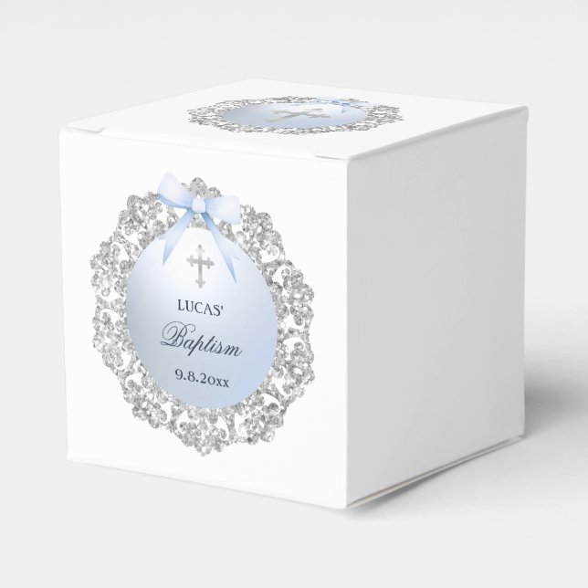 Silver Glitzer Frame Blue Bow Taufwürfel Geschenkschachtel (Vorderseite)