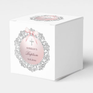 Silver Glitzer Frame Pink Bow Taufe Cube Geschenkschachtel