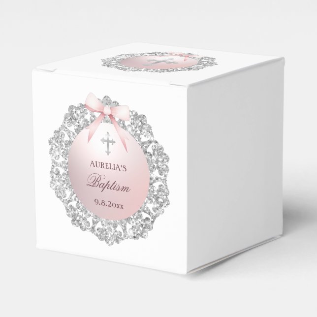 Silver Glitzer Frame Pink Bow Taufe Cube Geschenkschachtel (Vorderseite)