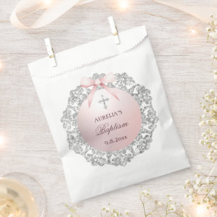 Silver Glitzer Frame Pink Bow Taufe Geschenktütchen