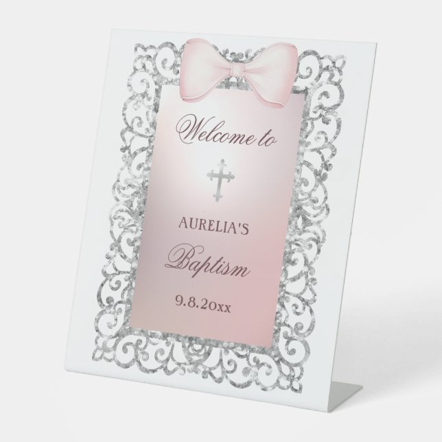 Silver Glitzer Frame Pink Bow Taufe Willkommen Sockelschild (Vorderseite)
