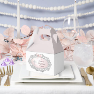 Silver Glitzer Frame Rosa Bow Taufe Big Gable Geschenkschachtel