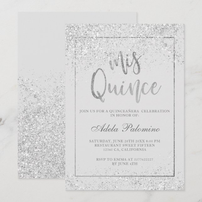 Silver Glitzer Frame Skript grau Quinceañera Einladung (Vorne/Hinten)