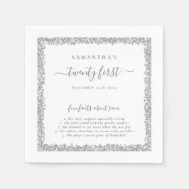 Silver Glitzer Fun Fakten Name Datum 21. Party Serviette