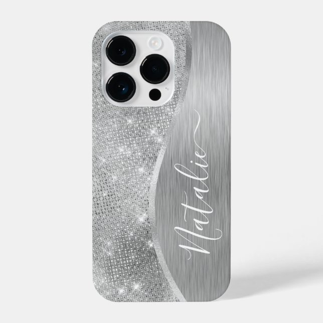 Silver Glitzer Glam Bling Personalisiert Metallic iPhone Hülle (Rückseite)