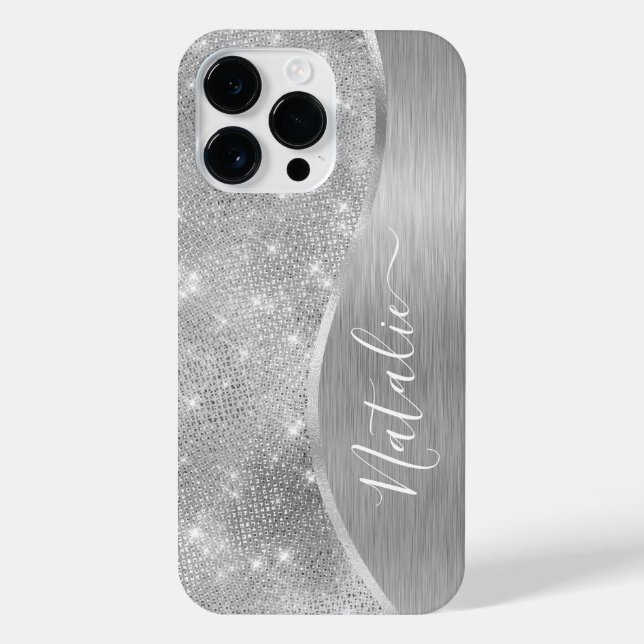 Silver Glitzer Glam Bling Personalisiert Metallic iPhone Hülle (Rückseite)