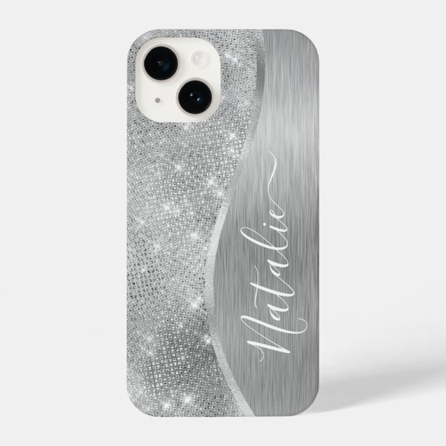 Silver Glitzer Glam Bling Personalisiert Metallic iPhone Hülle (Rückseite)