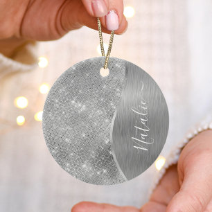 Silver Glitzer Glam Bling Personalisiert Metallic Keramik Ornament