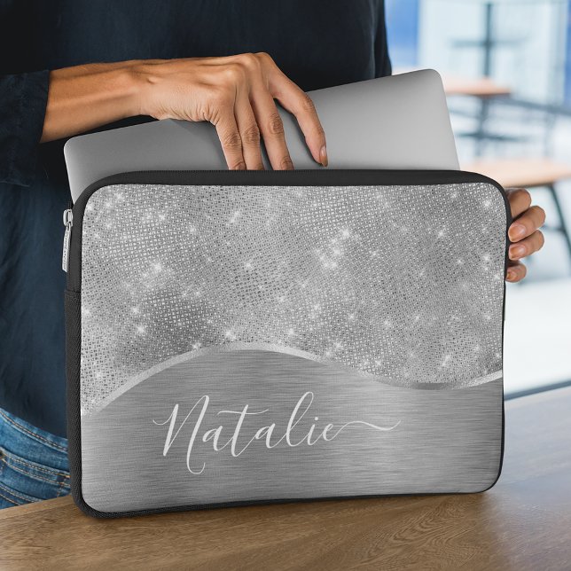 Silver Glitzer Glam Bling Personalisiert Metallic Laptopschutzhülle (Von Creator hochgeladen)