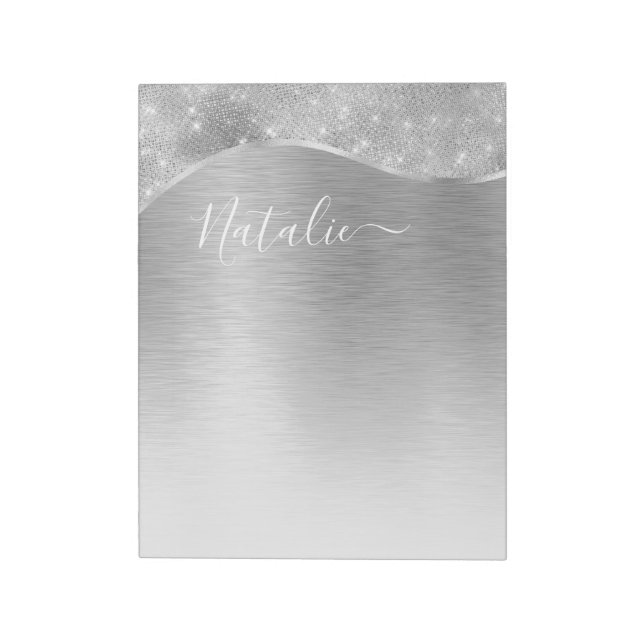Silver Glitzer Glam Bling Personalisiert Metallic Notizblock (Rotiert)