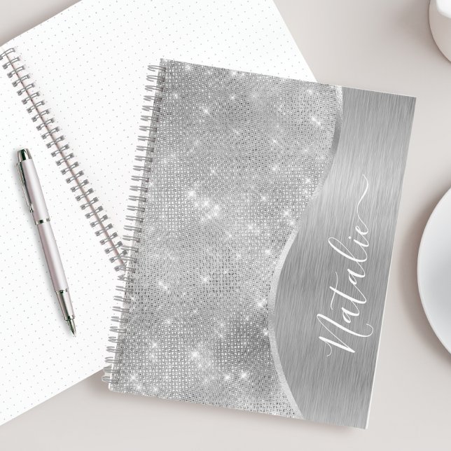 Silver Glitzer Glam Bling Personalisiert Metallic Notizbuch (Von Creator hochgeladen)