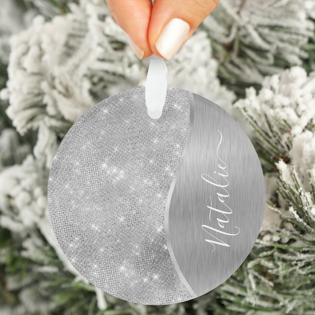 Silver Glitzer Glam Bling Personalisiert Metallic Ornament (Von Creator hochgeladen)