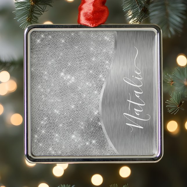 Silver Glitzer Glam Bling Personalisiert Metallic Ornament Aus Metall (Von Creator hochgeladen)