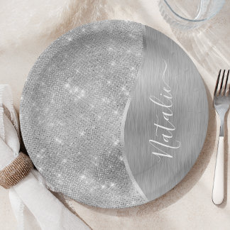 Silver Glitzer Glam Bling Personalisiert Metallic Pappteller