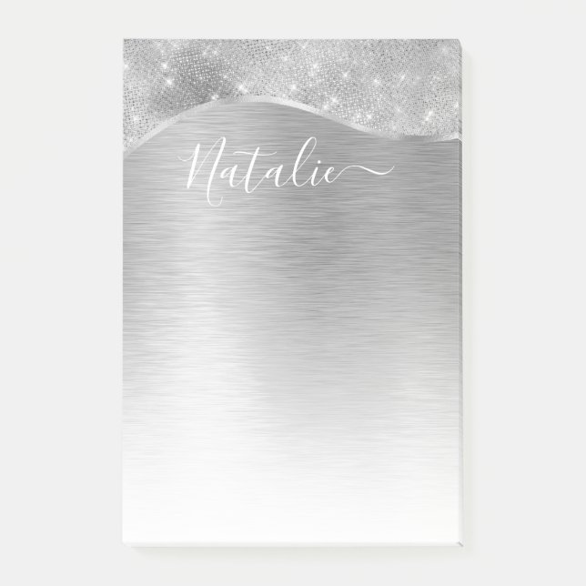 Silver Glitzer Glam Bling Personalisiert Metallic Post-it Klebezettel (Vorderseite)