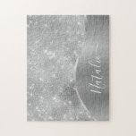 Silver Glitzer Glam Bling Personalisiert Metallic Puzzle<br><div class="desc">Easily personalize this silver brushed metal and glamorous fauglitter patterned jigsaw puzzle with your own custom name.</div>